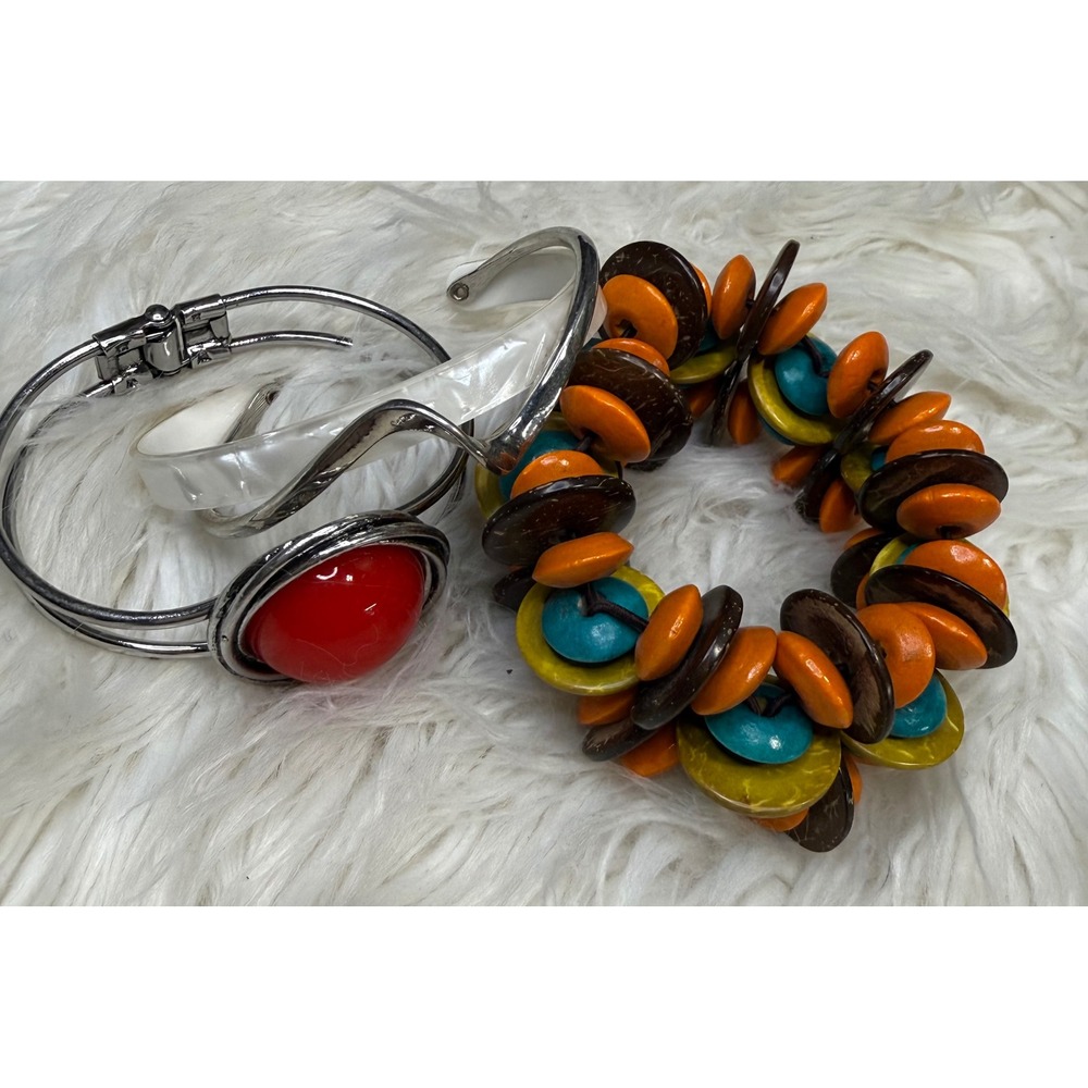 Lot of 3 Statement Bracelets Wood Bead Stretch Silver Tone Red Cabochon Bangle
